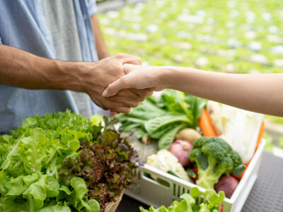 photo of two people shaking hands over baskets of vegetables